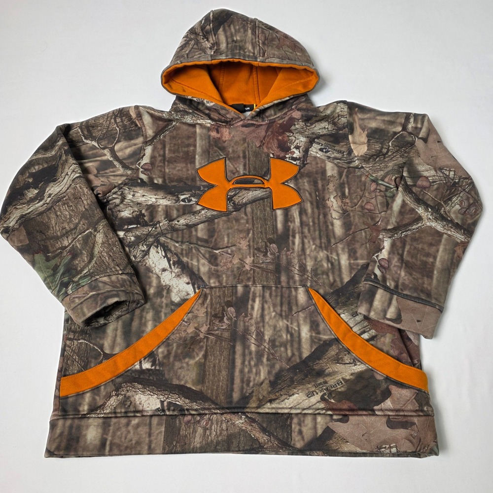 Under Armour Hoodie Kids Youth Large YLG Brown Camo Mossy Oak Orange Pullover